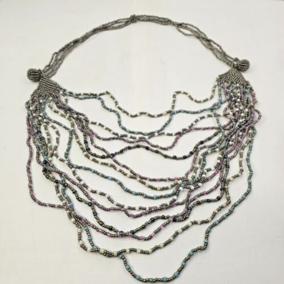 Necklace Costume Women Jewelry Multi Layered Gray Soft Colors Beaded - Picture 4 of 9